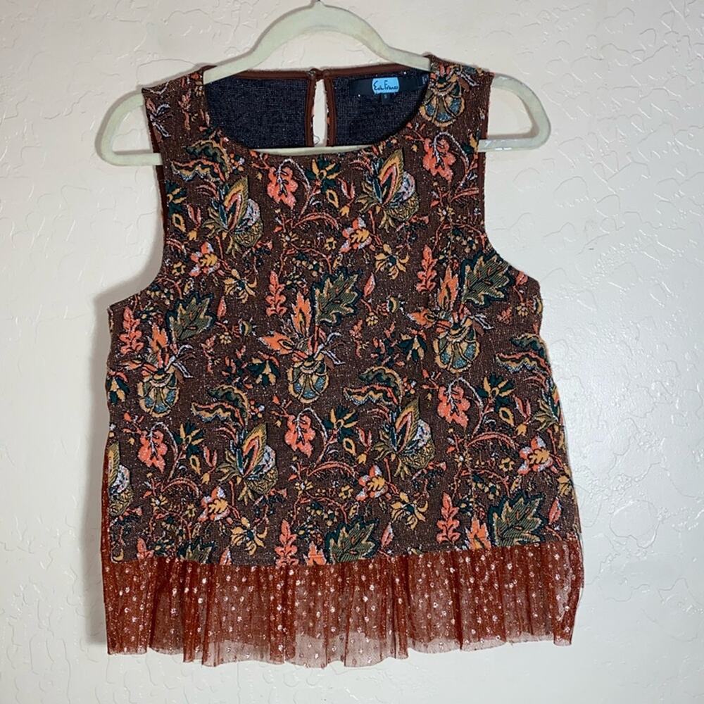Anthropologie Eva Franco Jacquard Sleeveless Brown Floral Top - Picture 2 of 6